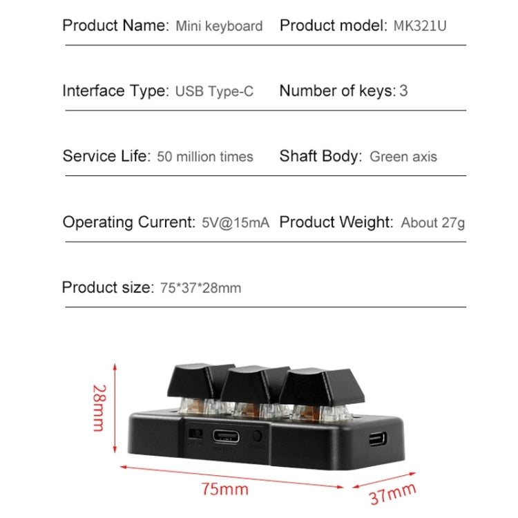 Frendorf | MK321BT Bluetooth 5.1 3 Tasten Anpassbare Tasten Spiel Büros PS Clip Makro Programmierung Tastatur (Schwarz)