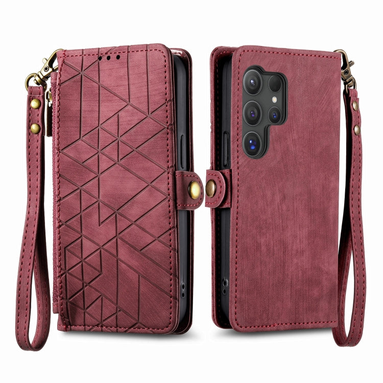 Frendorf | Für Samsung Galaxy S24 Ultra 5G Geometrisches Reißverschluss Wallet Seitenverschluss Leder Handyhülle (Rot)