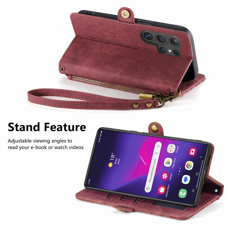 Frendorf | Für Samsung Galaxy S24 Ultra 5G Geometrisches Reißverschluss Wallet Seitenverschluss Leder Handyhülle (Rot)