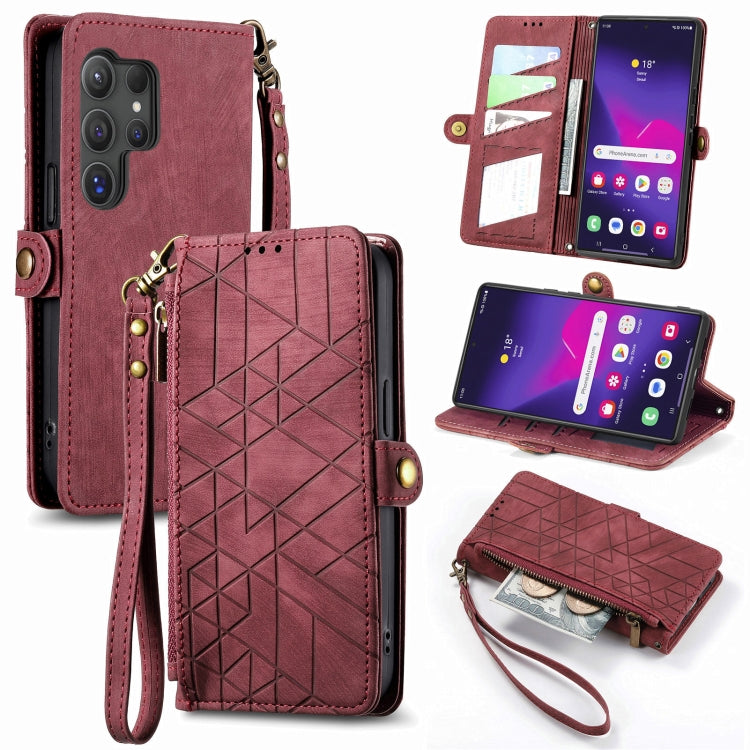 Frendorf | Für Samsung Galaxy S24 Ultra 5G Geometrisches Reißverschluss Wallet Seitenverschluss Leder Handyhülle (Rot)