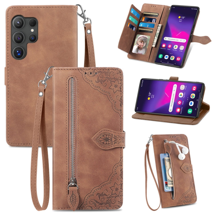 Frendorf | Für Samsung Galaxy S24 Ultra 5G Prägung Blume Reißverschluss Leder Handyhülle (Braun)