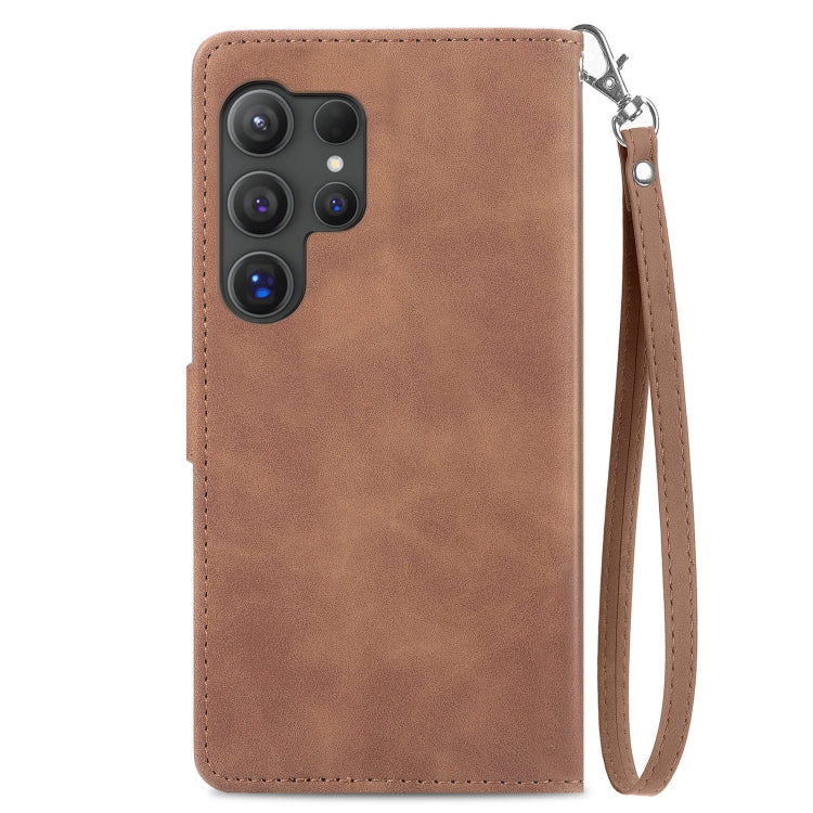 Frendorf | Für Samsung Galaxy S24 Ultra 5G Prägung Blume Reißverschluss Leder Handyhülle (Braun)