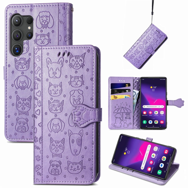 Frendorf | Für Samsung Galaxy S24 Ultra 5G Katzen- und Hundemuster Prägung Leder Handyhülle (Lila)