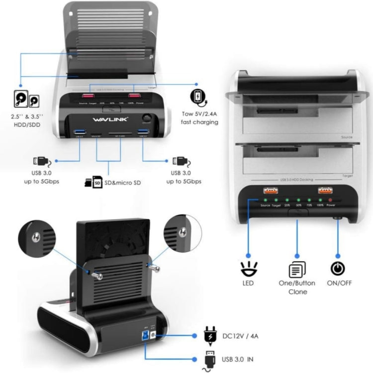 Frendorf | Wavlink ST336A SSD HDD Schneller Offline-Klon SATA USB 3.0 Externes Festplattengehäuse (EU-Stecker)
