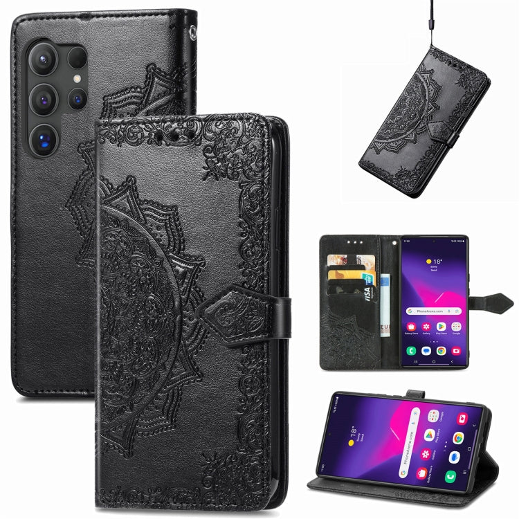 Frendorf | Für Samsung Galaxy S24 Ultra 5G Mandala Blumen Prägung Leder Handyhülle (Schwarz)
