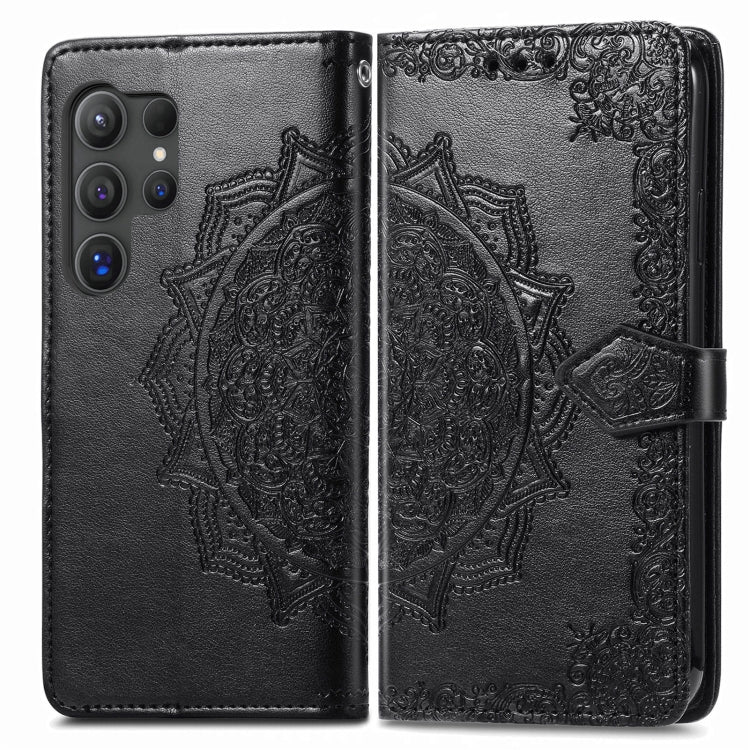 Frendorf | Für Samsung Galaxy S24 Ultra 5G Mandala Blumen Prägung Leder Handyhülle (Schwarz)