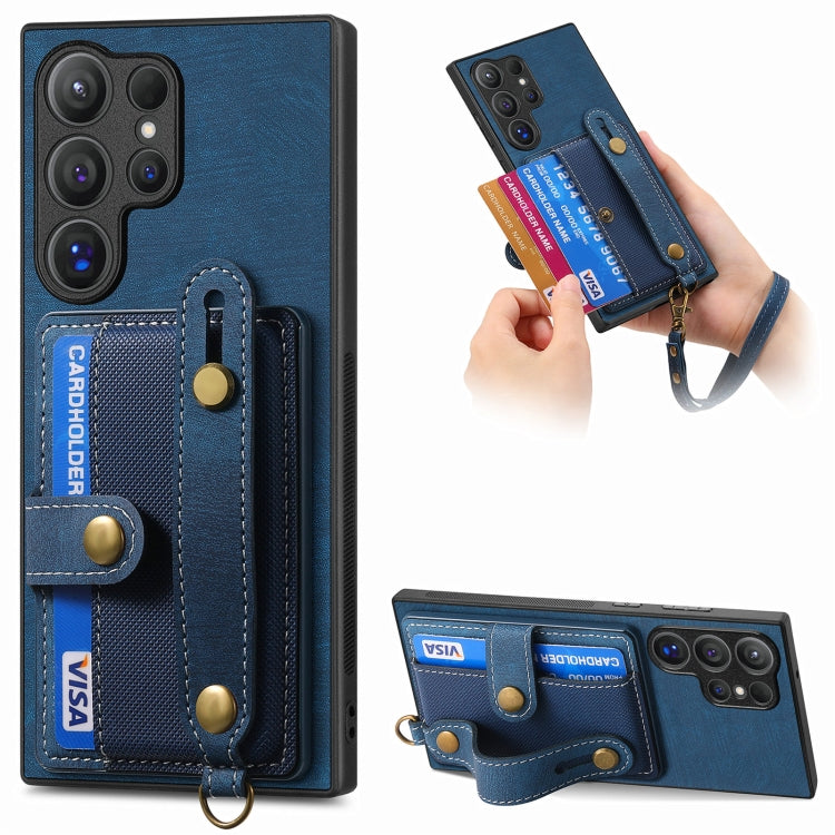 Frendorf | Für Samsung Galaxy S24 Ultra 5G Retro Cross Handgelenk Geldbörse Leder Rückseite Handyhülle (Blau)