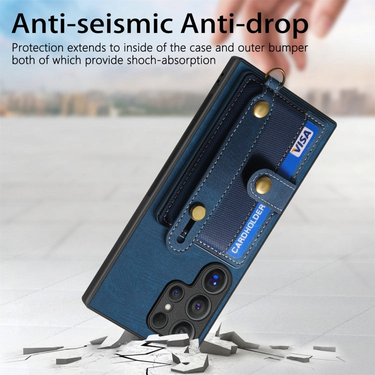 Frendorf | Für Samsung Galaxy S24 Ultra 5G Retro Cross Handgelenk Geldbörse Leder Rückseite Handyhülle (Blau)