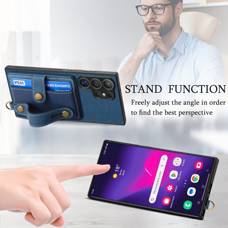 Frendorf | Für Samsung Galaxy S24 Ultra 5G Retro Cross Handgelenk Geldbörse Leder Rückseite Handyhülle (Blau)