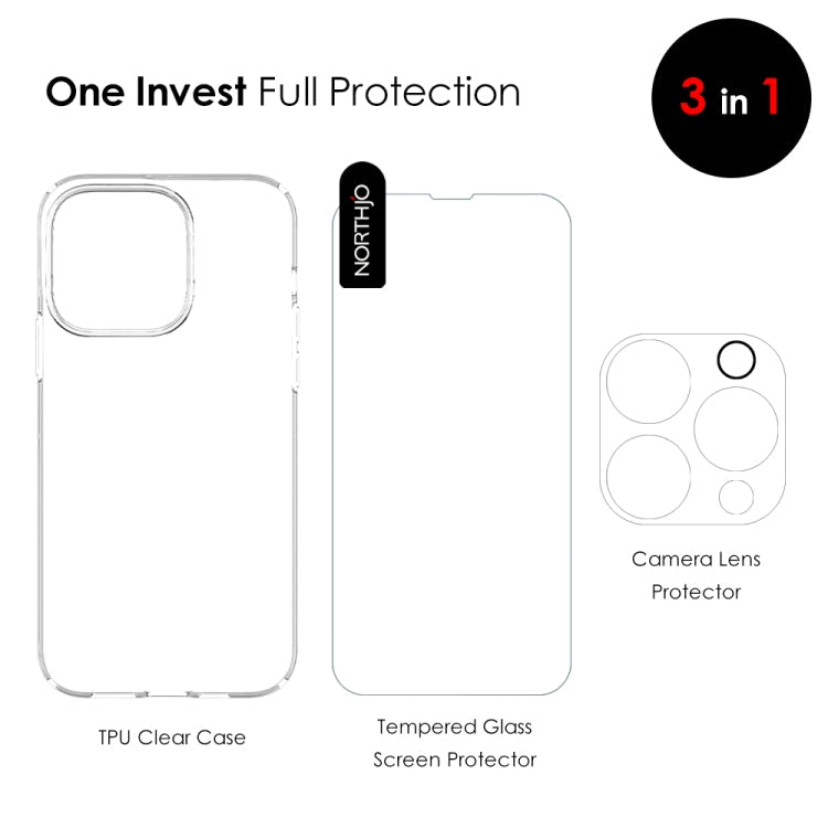 Frendorf | Für iPhone 14 Pro NORTHJO 3 in 1 TPU Handyhülle mit Bildschirmfolie und Objektivfolie (klar)