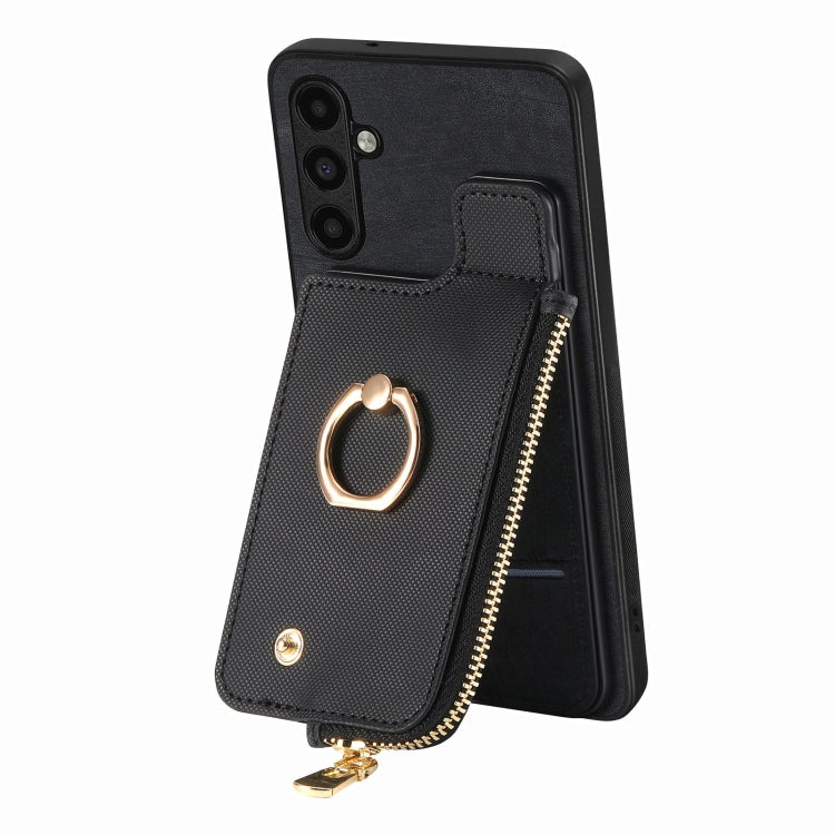 Frendorf | Für Samsung Galaxy S24 Ultra 5G Kreuz Leder Ring Vertikal Reißverschluss Brieftasche Rück Handyhülle (Schwarz)
