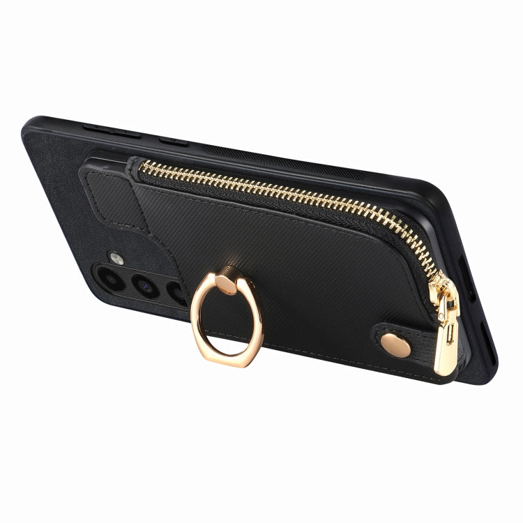 Frendorf | Für Samsung Galaxy S24 Ultra 5G Kreuz Leder Ring Vertikal Reißverschluss Brieftasche Rück Handyhülle (Schwarz)