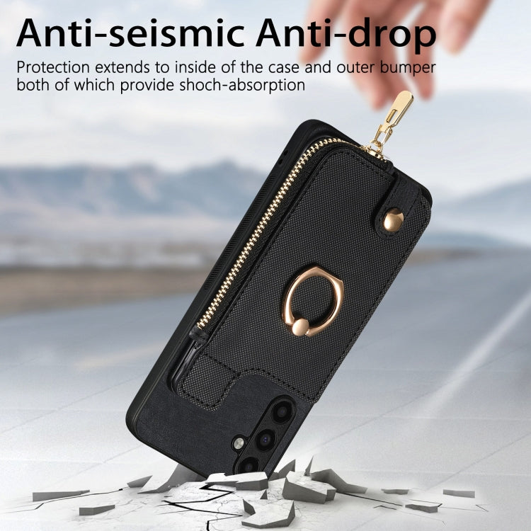 Frendorf | Für Samsung Galaxy S24 Ultra 5G Kreuz Leder Ring Vertikal Reißverschluss Brieftasche Rück Handyhülle (Schwarz)