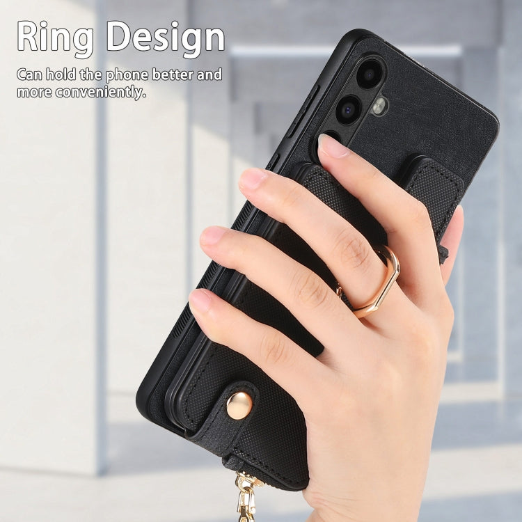 Frendorf | Für Samsung Galaxy S24 Ultra 5G Kreuz Leder Ring Vertikal Reißverschluss Brieftasche Rück Handyhülle (Schwarz)