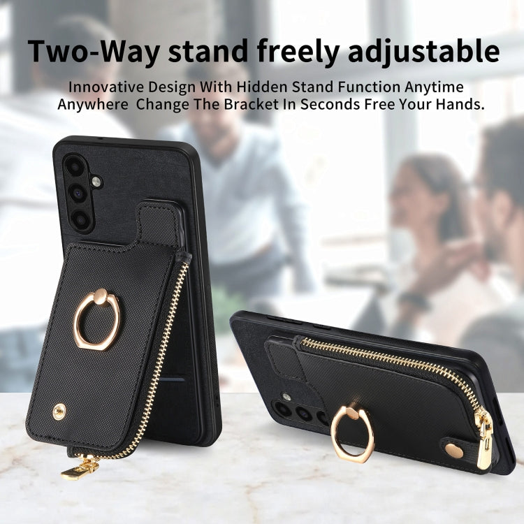 Frendorf | Für Samsung Galaxy S24 Ultra 5G Kreuz Leder Ring Vertikal Reißverschluss Brieftasche Rück Handyhülle (Schwarz)