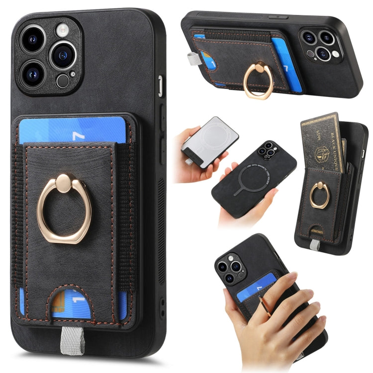 Frendorf | Für iPhone 14 Pro Max Retro teilbare magentische Karten Tasche Leder Handyhülle (Schwarz)