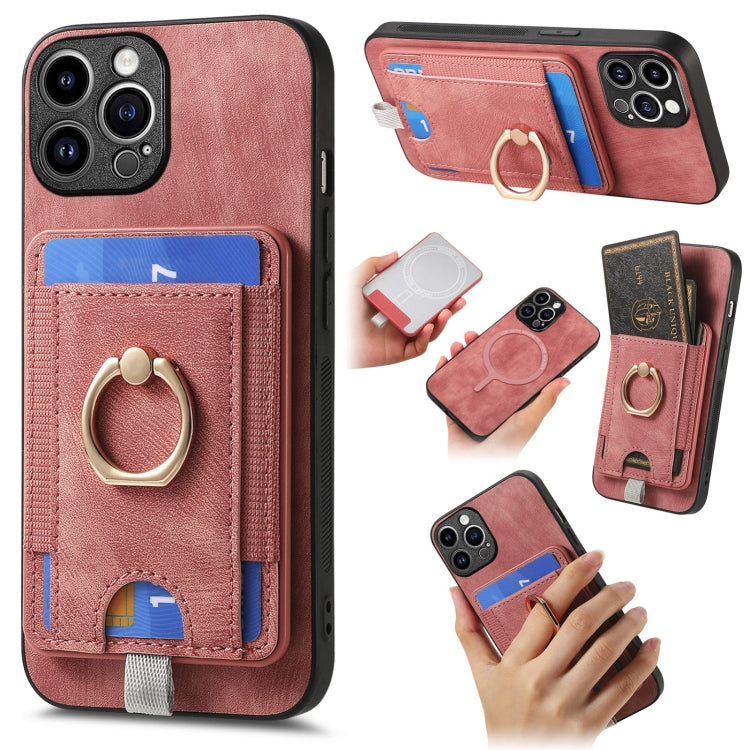 Frendorf | Für iPhone 14 Pro Max Retro teilbare magnetische Karten Tasche Leder Handyhülle (Pink)