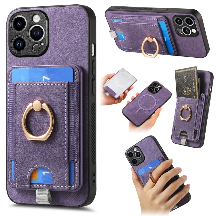 Frendorf | Für iPhone 14 Pro Max Retro teilbare magnetische Kartenbeutel Leder Handyhülle (Lila)