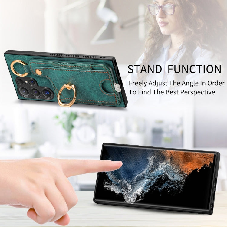 Frendorf | Für Samsung Galaxy S24 Ultra 5G Retro Skin-feel Ring Card Bag Handyhülle mit Aufhängeschlaufe (Grün)