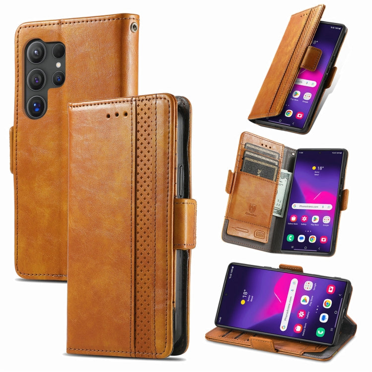 Frendorf | Für Samsung Galaxy S24 Ultra 5G CaseNeo Splicing Dual Magnetic Buckle Leder Handyhülle (Khaki)