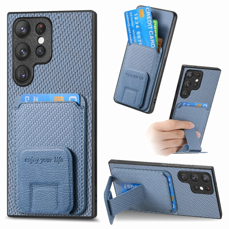 Frendorf | Für Samsung Galaxy S24 Ultra 5G Kohlefaser Karten Tasche Faltstand Handyhülle (Blau)