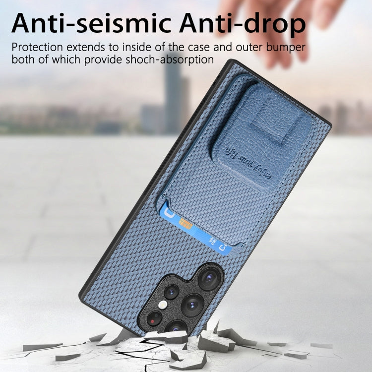 Frendorf | Für Samsung Galaxy S24 Ultra 5G Kohlefaser Karten Tasche Faltstand Handyhülle (Blau)