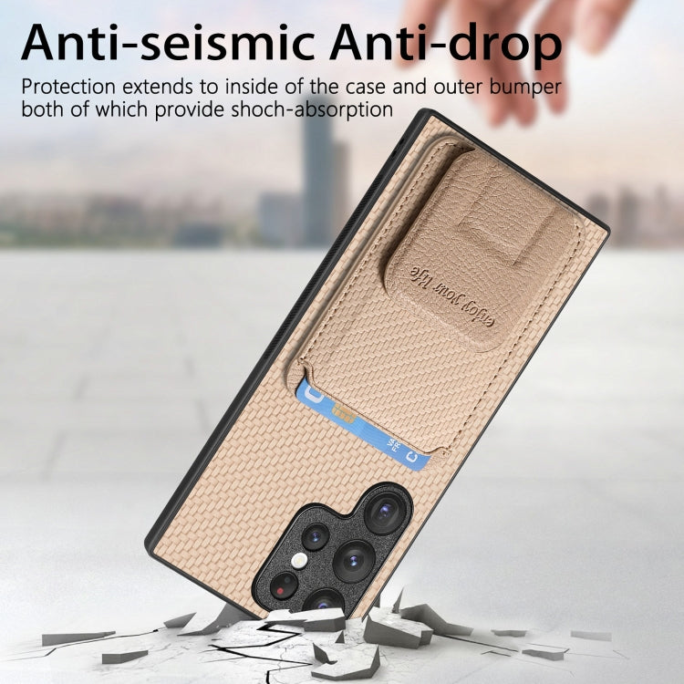 Frendorf | Für Samsung Galaxy S24 Ultra 5G Carbon Fiber Card Bag Fold Stand Phone Case (Khaki)