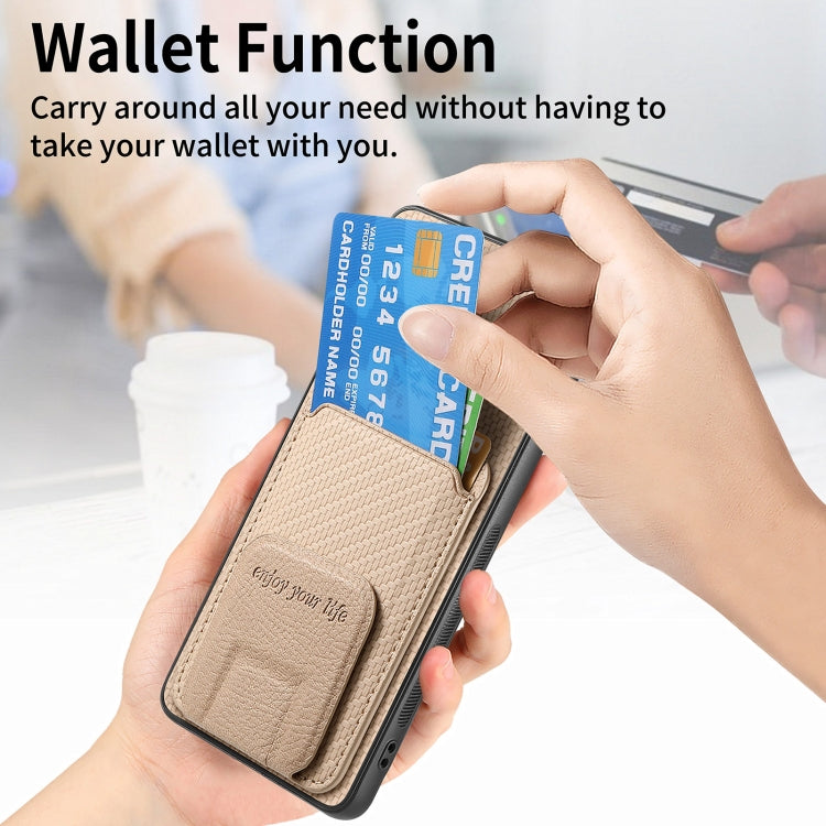 Frendorf | Für Samsung Galaxy S24 Ultra 5G Carbon Fiber Card Bag Fold Stand Phone Case (Khaki)