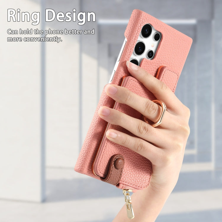 Frendorf | Für Samsung Galaxy S24 Ultra 5G Litchi Leather Oil Edge Ring Zipper Wallet Back Phone Case (Pink)