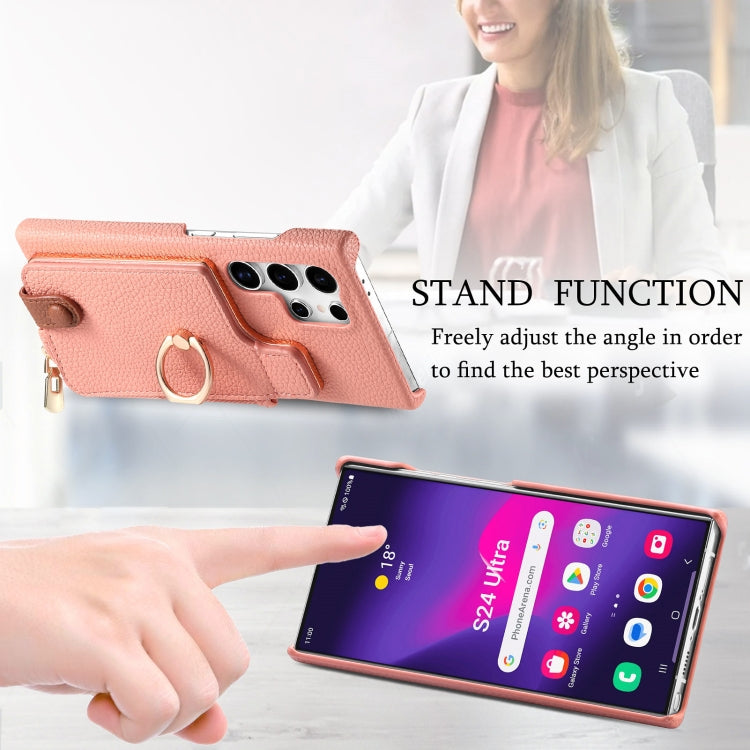 Frendorf | Für Samsung Galaxy S24 Ultra 5G Litchi Leather Oil Edge Ring Zipper Wallet Back Phone Case (Pink)