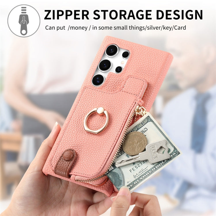 Frendorf | Für Samsung Galaxy S24 Ultra 5G Litchi Leather Oil Edge Ring Zipper Wallet Back Phone Case (Pink)