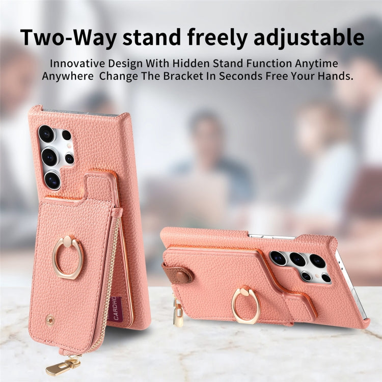 Frendorf | Für Samsung Galaxy S24 Ultra 5G Litchi Leather Oil Edge Ring Zipper Wallet Back Phone Case (Pink)