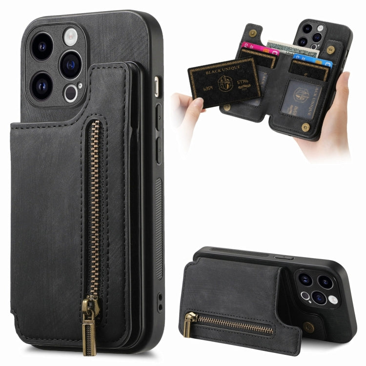 Frendorf | Für iPhone 14 Pro Max Retro Leder Reißverschluss Brieftasche Rücken Handyhülle (Schwarz)
