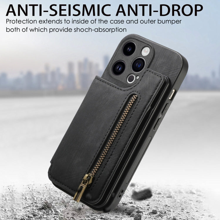 Frendorf | Für iPhone 14 Pro Max Retro Leder Reißverschluss Brieftasche Rücken Handyhülle (Schwarz)