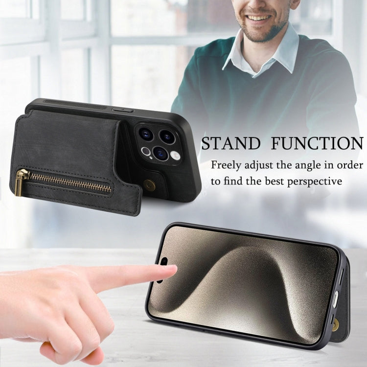 Frendorf | Für iPhone 14 Pro Max Retro Leder Reißverschluss Brieftasche Rücken Handyhülle (Schwarz)