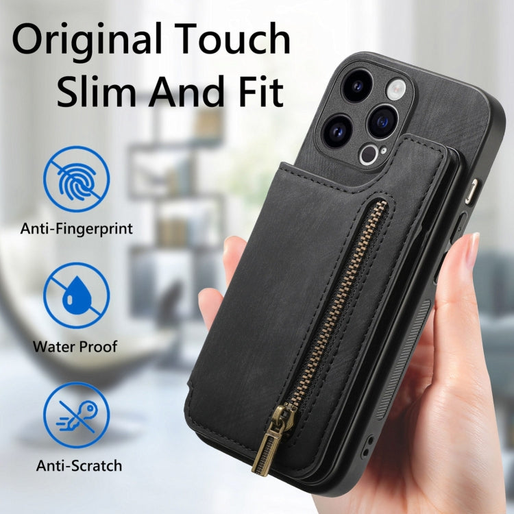 Frendorf | Für iPhone 14 Pro Max Retro Leder Reißverschluss Brieftasche Rücken Handyhülle (Schwarz)