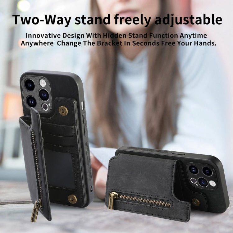 Frendorf | Für iPhone 14 Pro Max Retro Leder Reißverschluss Brieftasche Rücken Handyhülle (Schwarz)