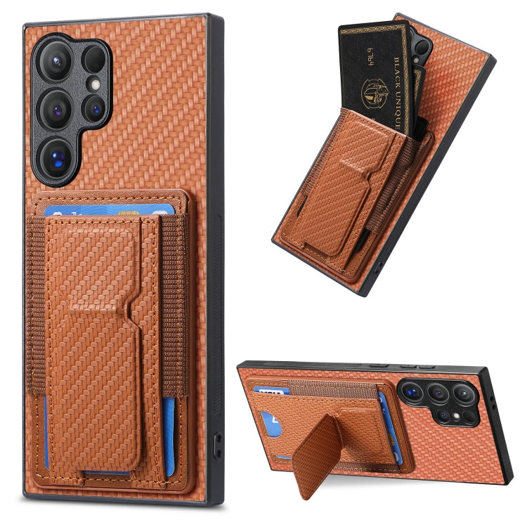 Frendorf | Für Samsung Galaxy S24 Ultra 5G Carbon Fiber Fold Stand Elastic Card Bag Handyhülle (Braun)