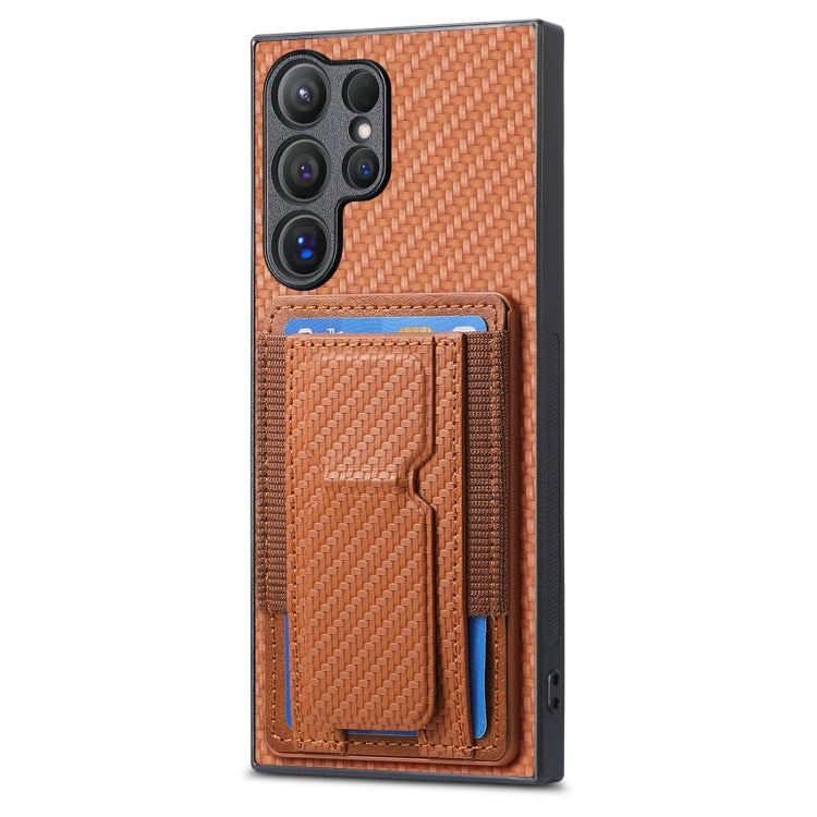 Frendorf | Für Samsung Galaxy S24 Ultra 5G Carbon Fiber Fold Stand Elastic Card Bag Handyhülle (Braun)