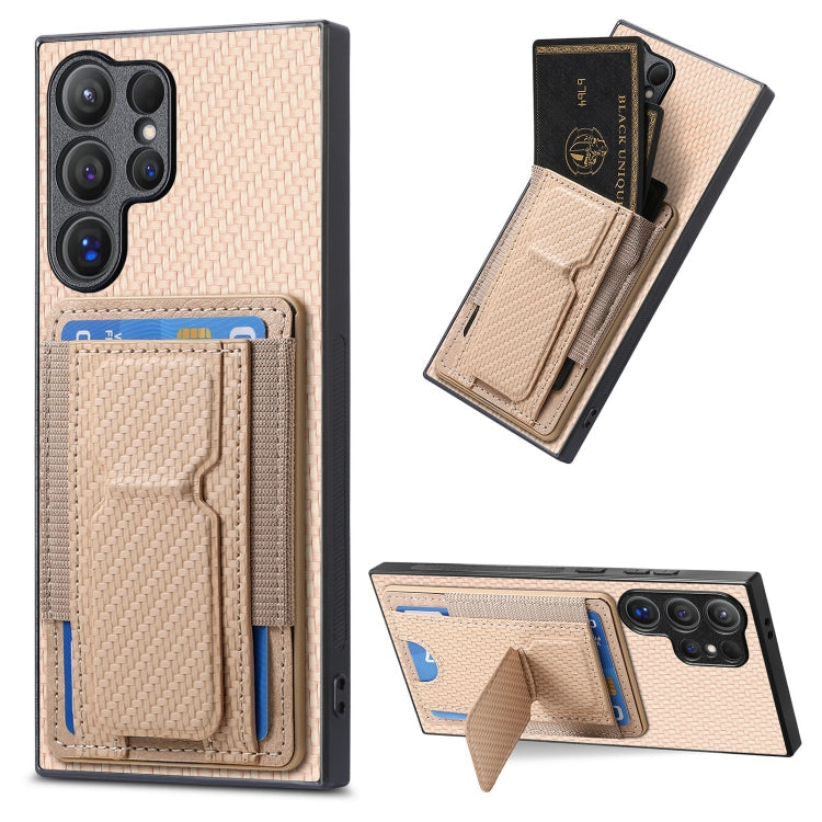 Frendorf | Für Samsung Galaxy S24 Ultra 5G Carbonfaser Fold Stand Elastic Card Bag Handyhülle (Khaki)