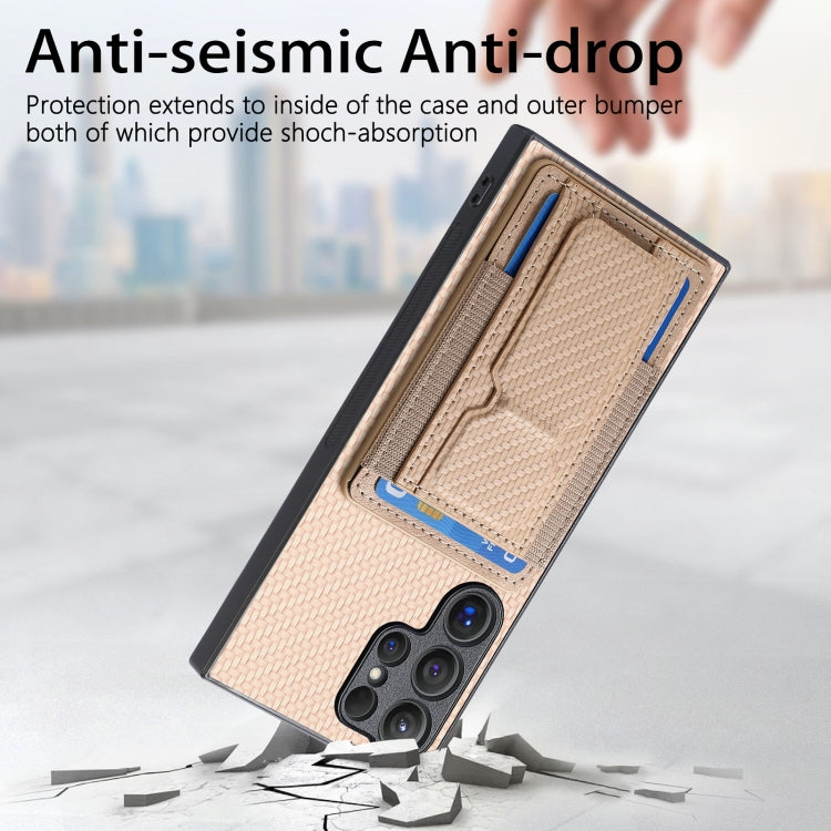 Frendorf | Für Samsung Galaxy S24 Ultra 5G Carbonfaser Fold Stand Elastic Card Bag Handyhülle (Khaki)