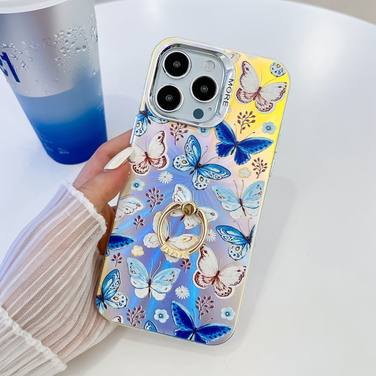 Frendorf | Für iPhone 13 Pro Max Electroplating Laser Schmetterling Ring Halter Handytasche (Blaue Schmetterlinge AB4)