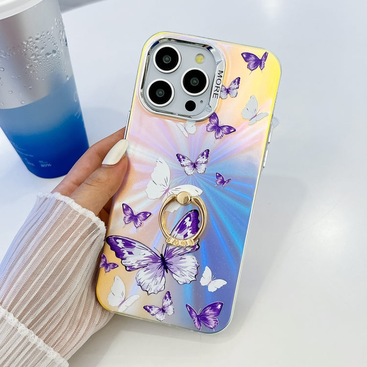 Frendorf | Für iPhone 13 Pro Max Elektrowannen-Laser-Schmetterlingsringhalter-Handyhülle (Weiß lila Schmetterlinge AB6)