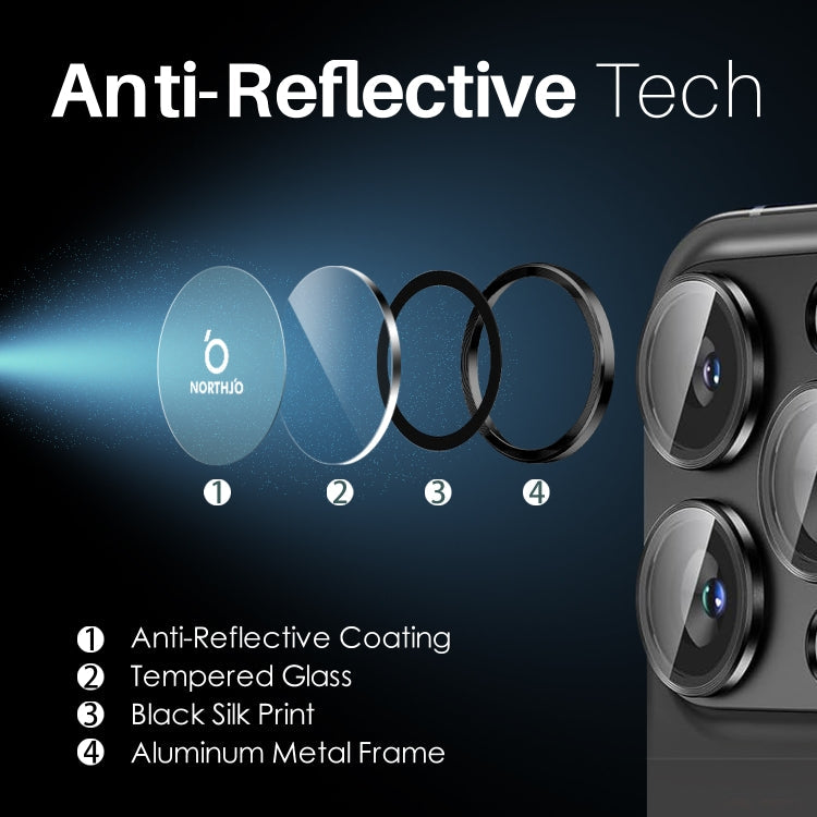 Frendorf | Für iPhone 16 Pro / Pro Max NORTHJO 2 Sets 6 Stück Kameraobjektivschutz Abdeckung Metallring Folie (Schwarz)