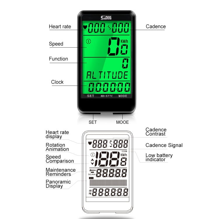 Frendorf | SUNDING SD-577C FahrrComputer LCD Hintergrundbeleuchtung Wasserdicht Drahtlos Stoppuhr MTB Fahrrad Kilometerzähler Stoppuhr Fahrrad Geschwindigkeitsmesser