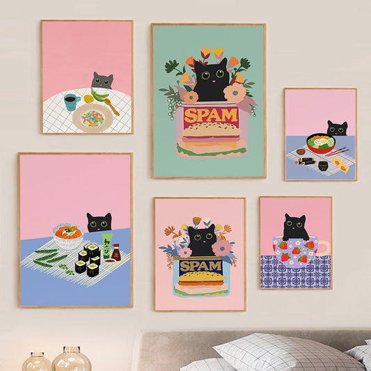 Korean Food Street Kimchee Poster Print Modern Black Cat Picnic Küche Wandkunst Leinwandmalerei Dekor Zuhause Ostern Kinderzimmer