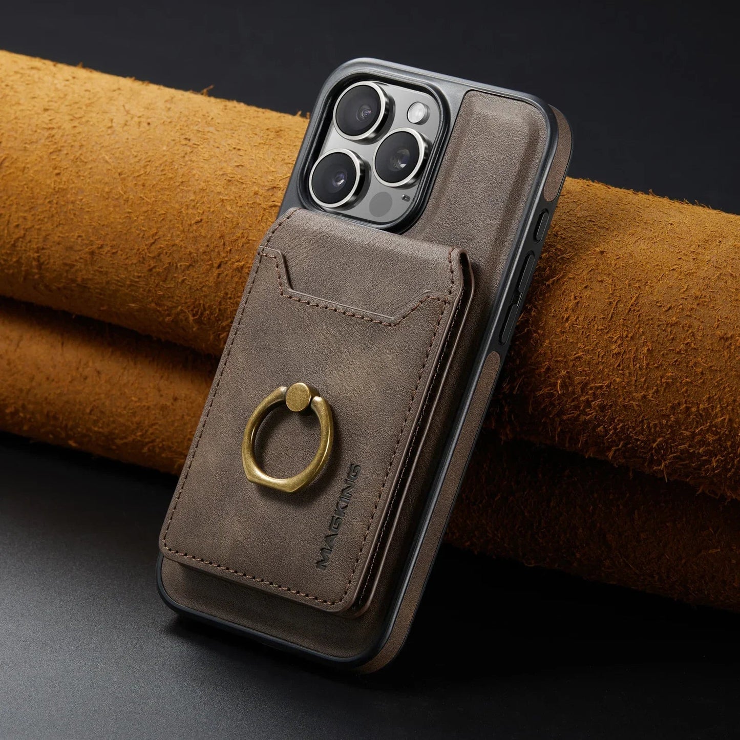 Frendorf | 2 in 1 abnehmbares Leder Karten Slot Ring Halter Wallet Case für iPhone 16 15 14 13 12 Pro Max Plus Magnetische vertikale Tasche Cover