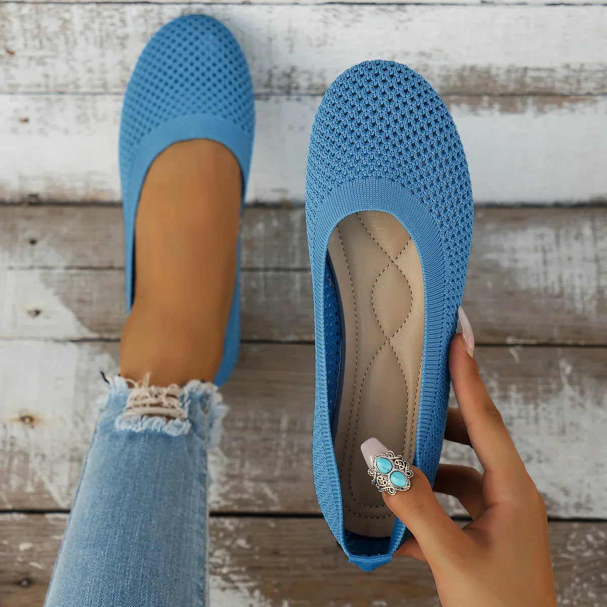 Frendorf | Frauen Rundzehen-Flachschuhe Einfarbige Strickslippers Legere Atmungsaktive Ballerinas Frauen Flachschuhe Loafers Frauen