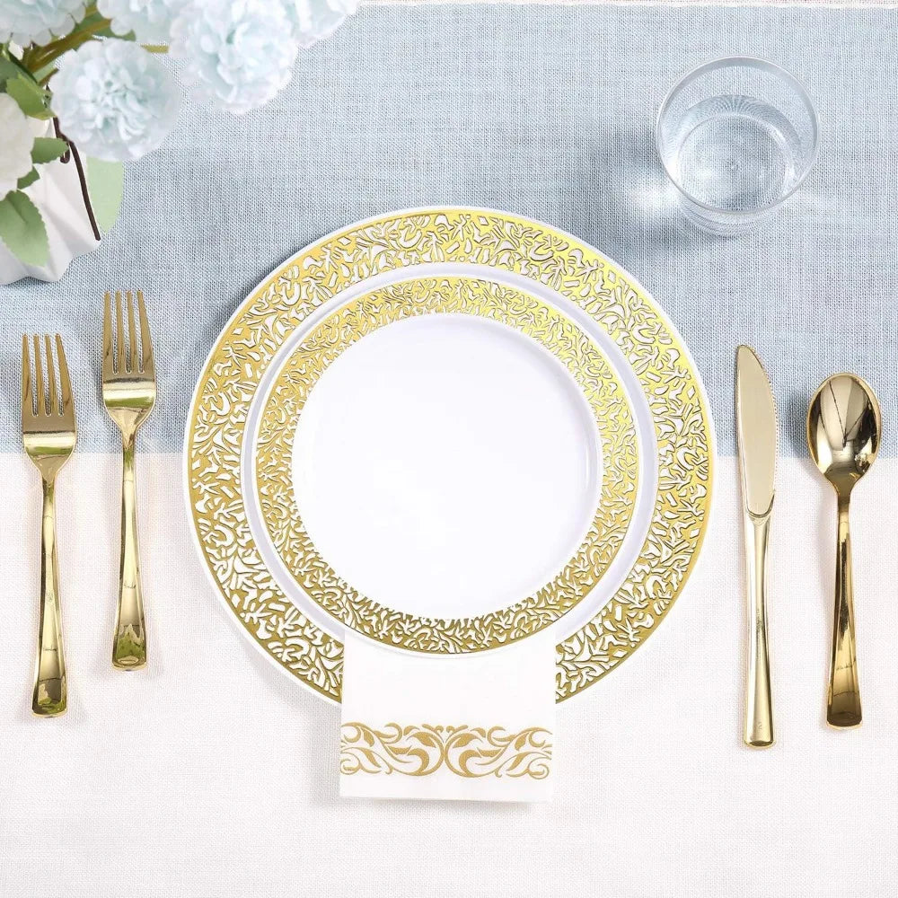 350pcs Einweg-Gold Spitze Geschirr Set für 50 Gäste