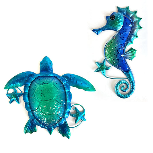 Metalblaue Meeresschildkröte-Seepferdchen mit Glas-Wandkunst für Wohnraum Dekorationsobjekte Skulptur Statue für Wohnzimmer Badezimmer Pool